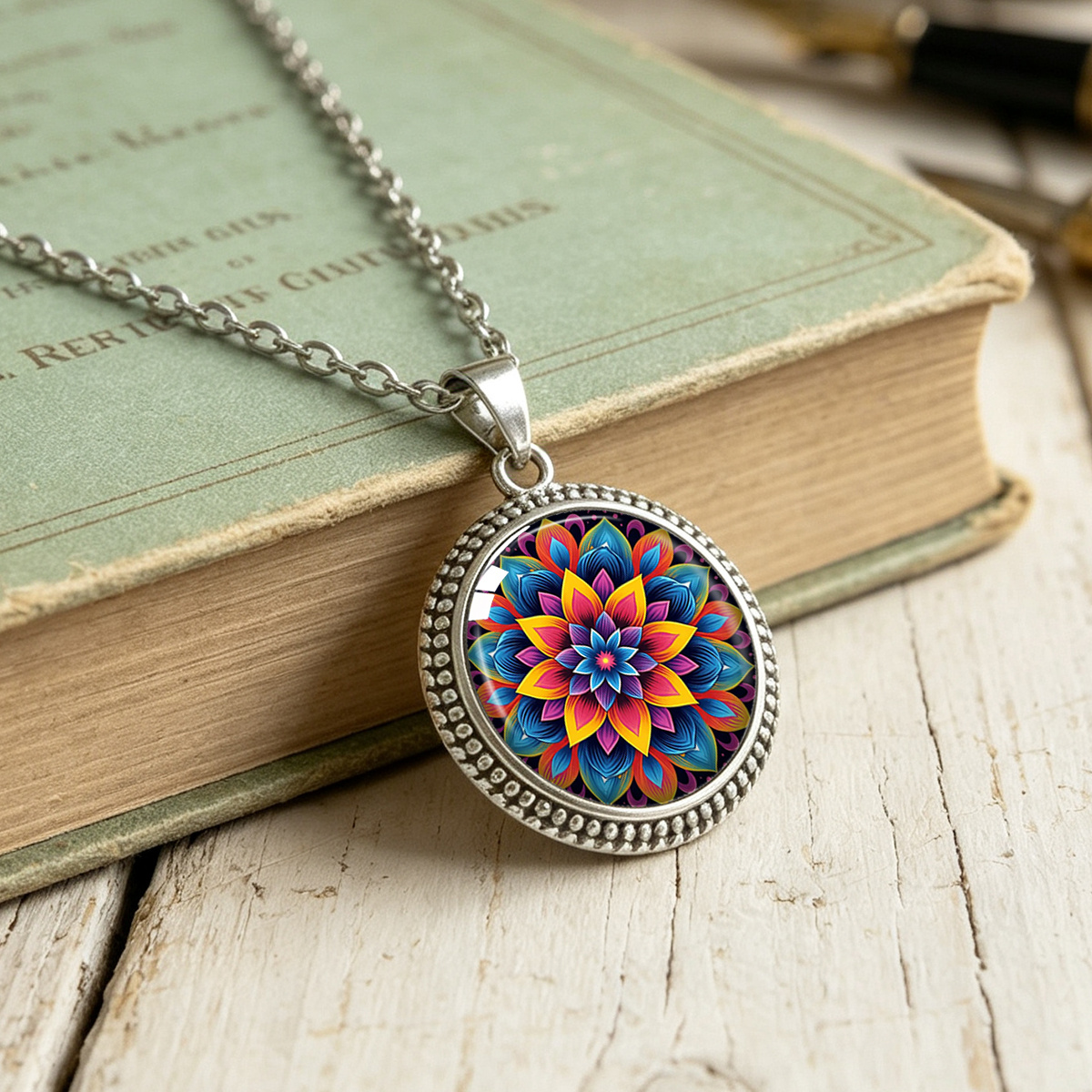 Bright Colorful Floral Pattern Round Pendant Necklace, Bohemian